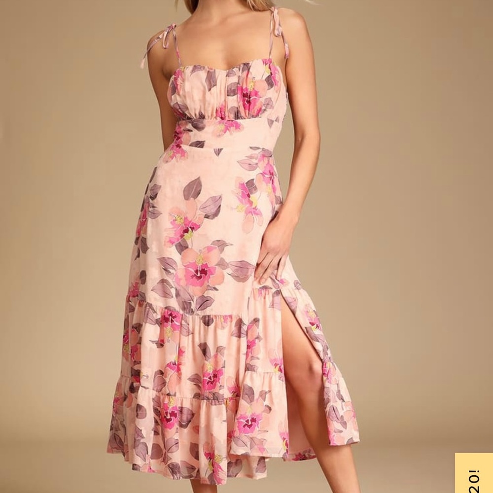Lulu’s - Tea Party Chic Pink Floral Print Tie-Strap Tiered Midi Dress